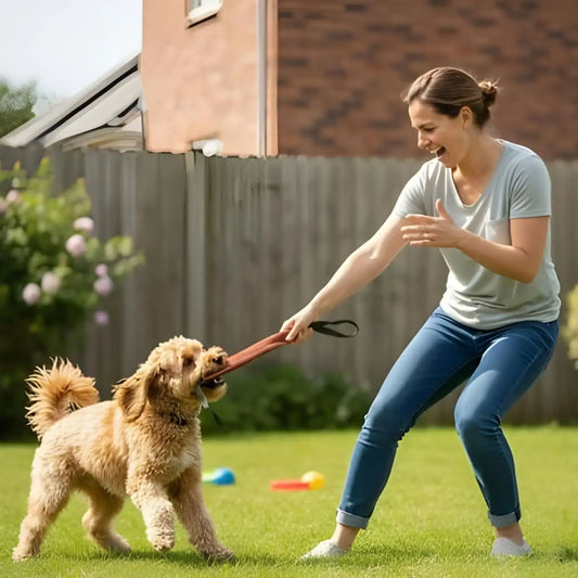 Une femme dans son arrière-cour joue avec son Benji à tirer sur le jouet pour chien indestructible.