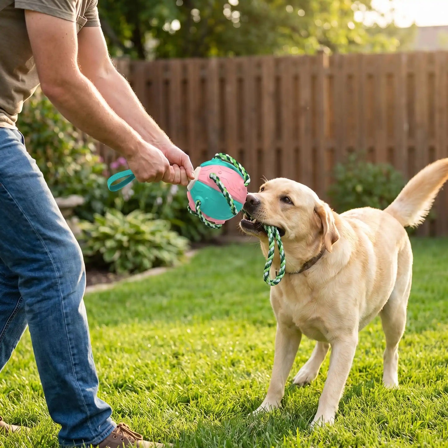 Un homme joue à tirer les jouets pour chien RonRon avec son labrador dans l'arrière-cour.