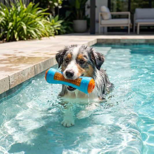 Un chiot berger australien joue dans l'eau avec ses jouets pour chiots dans sa bouche.