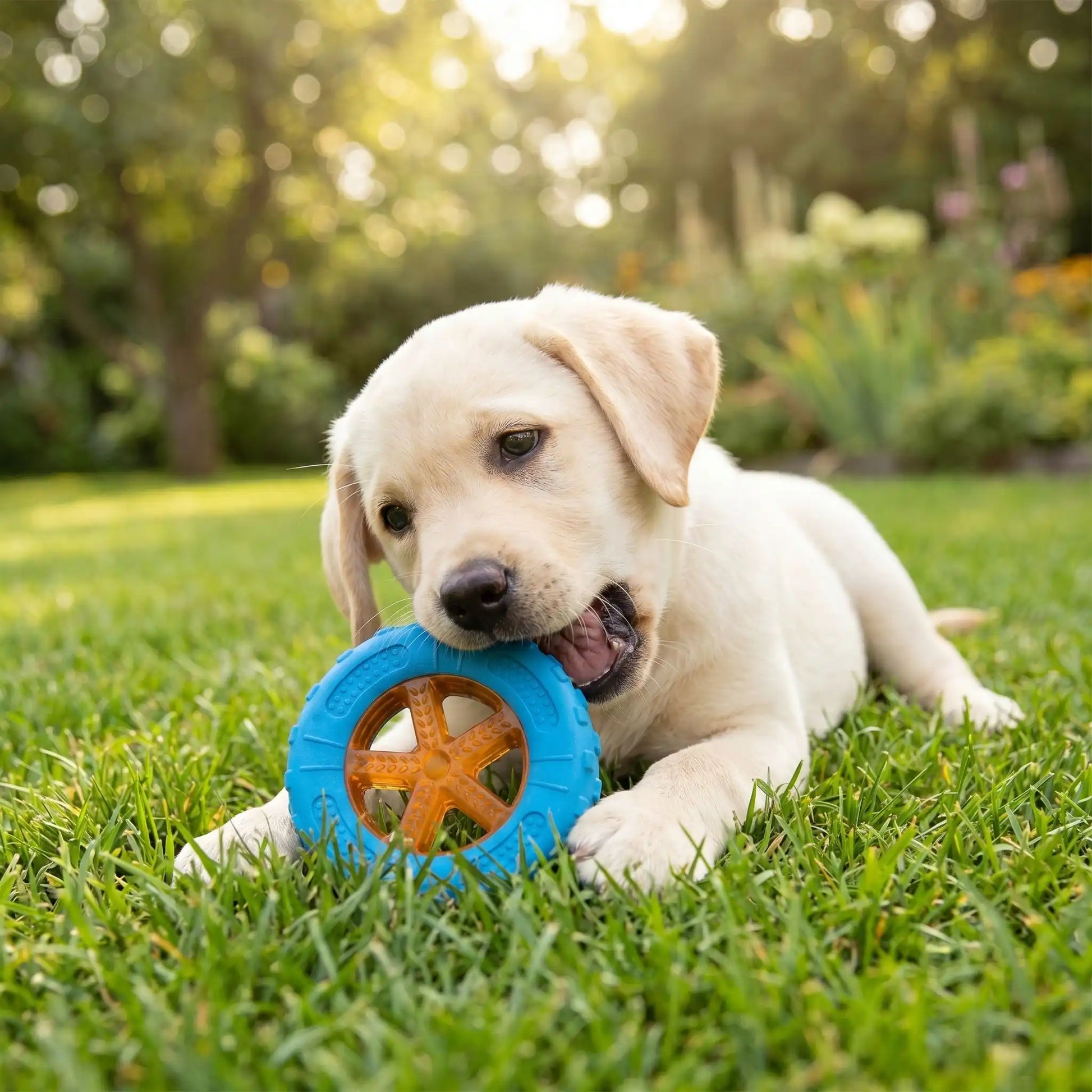 Un chiot labrador allongé sur la pelouse joue avec ses jouets pour chiots.