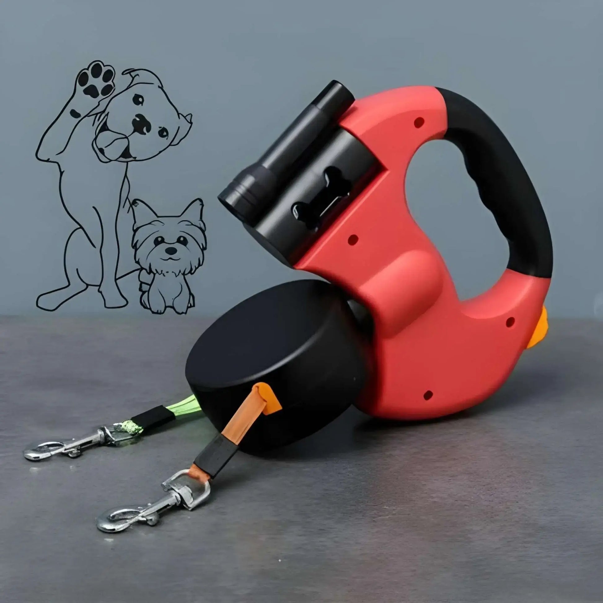 Une laisse à enrouler pour chien de couleur rouge.