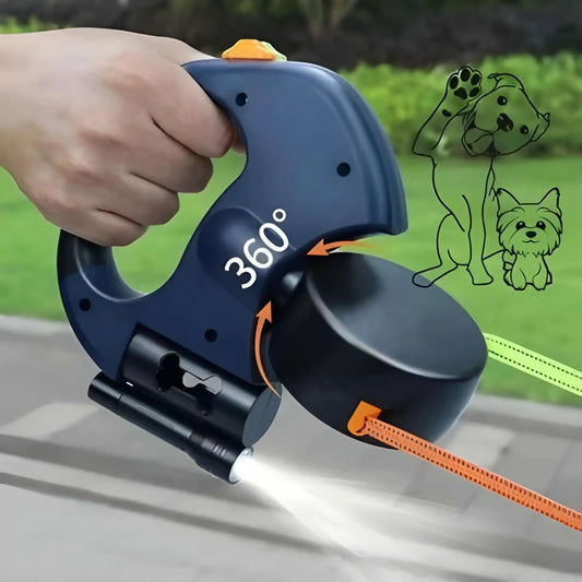 Une laisse à enrouler pour chien de couleur bleue.