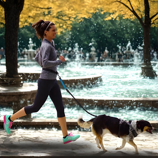 laisse canicross-plaisir-femme cour-avec chien-main libre-fontaine en arriere