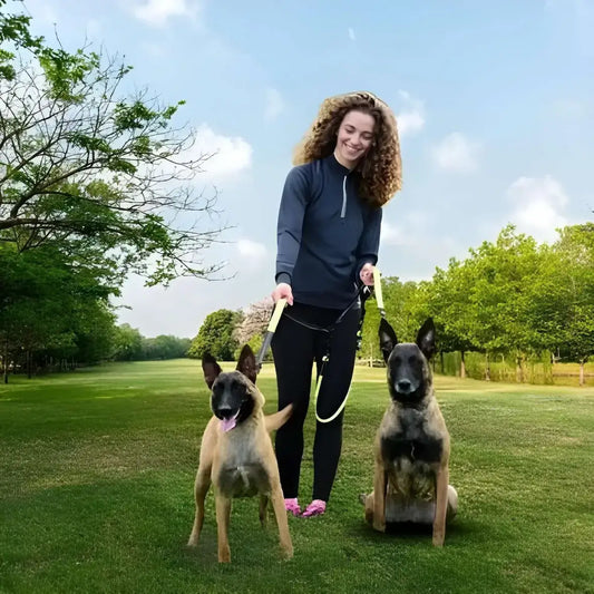Une femme avec deux malinois avec la laisse pour chien double.
