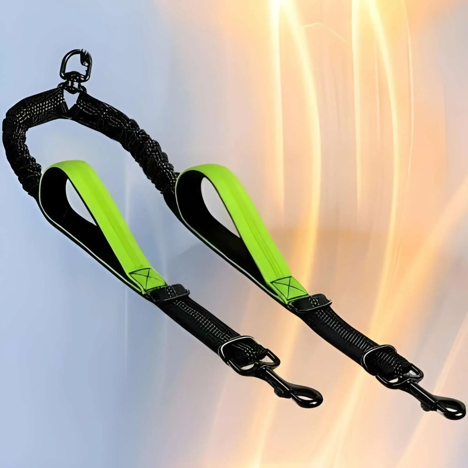 Une laisse pour chien double de couleur vert fluo.