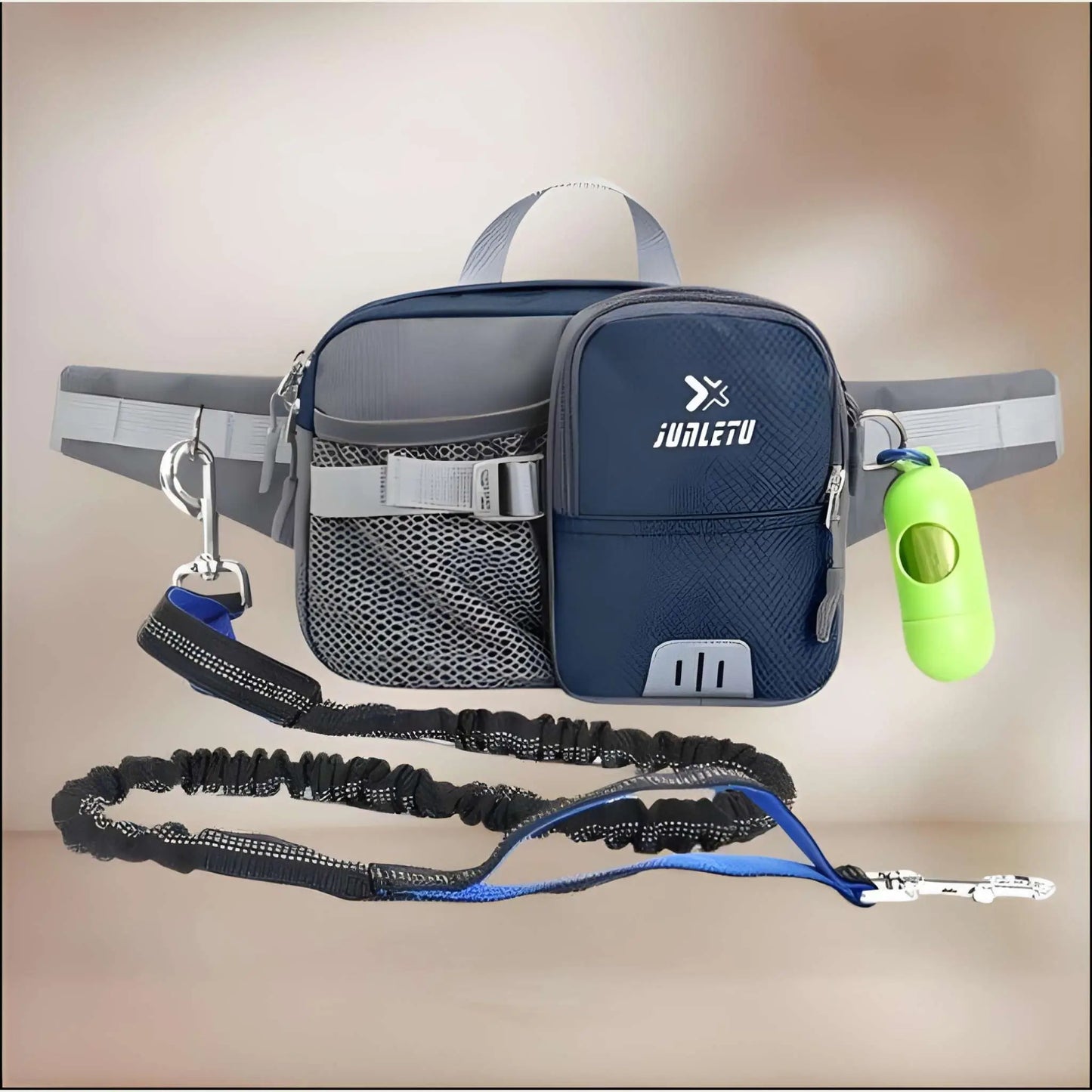 Laisse pour chien main libre avec poche de couleur bleue foncé.