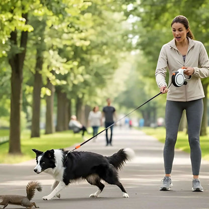 Une femme avec son border collie qui court après un écureuil avec la laisse pour chien enrouleur blanche.