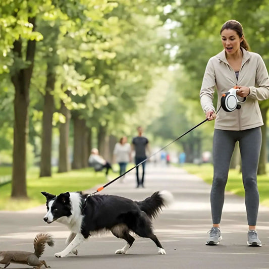 Une femme avec son border collie qui court après un écureuil avec la laisse pour chien enrouleur blanche.