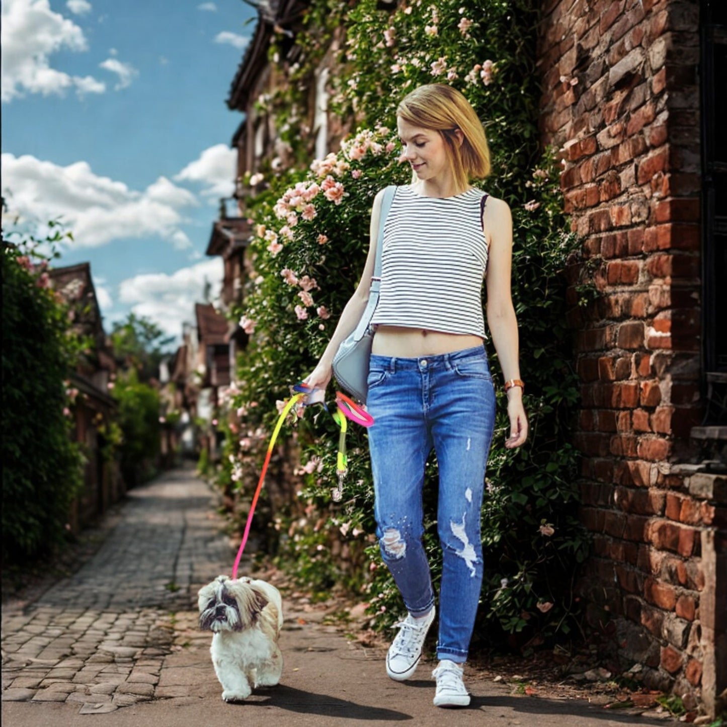 laisse mains libres pour chien galaxy-femme prommene petit chien