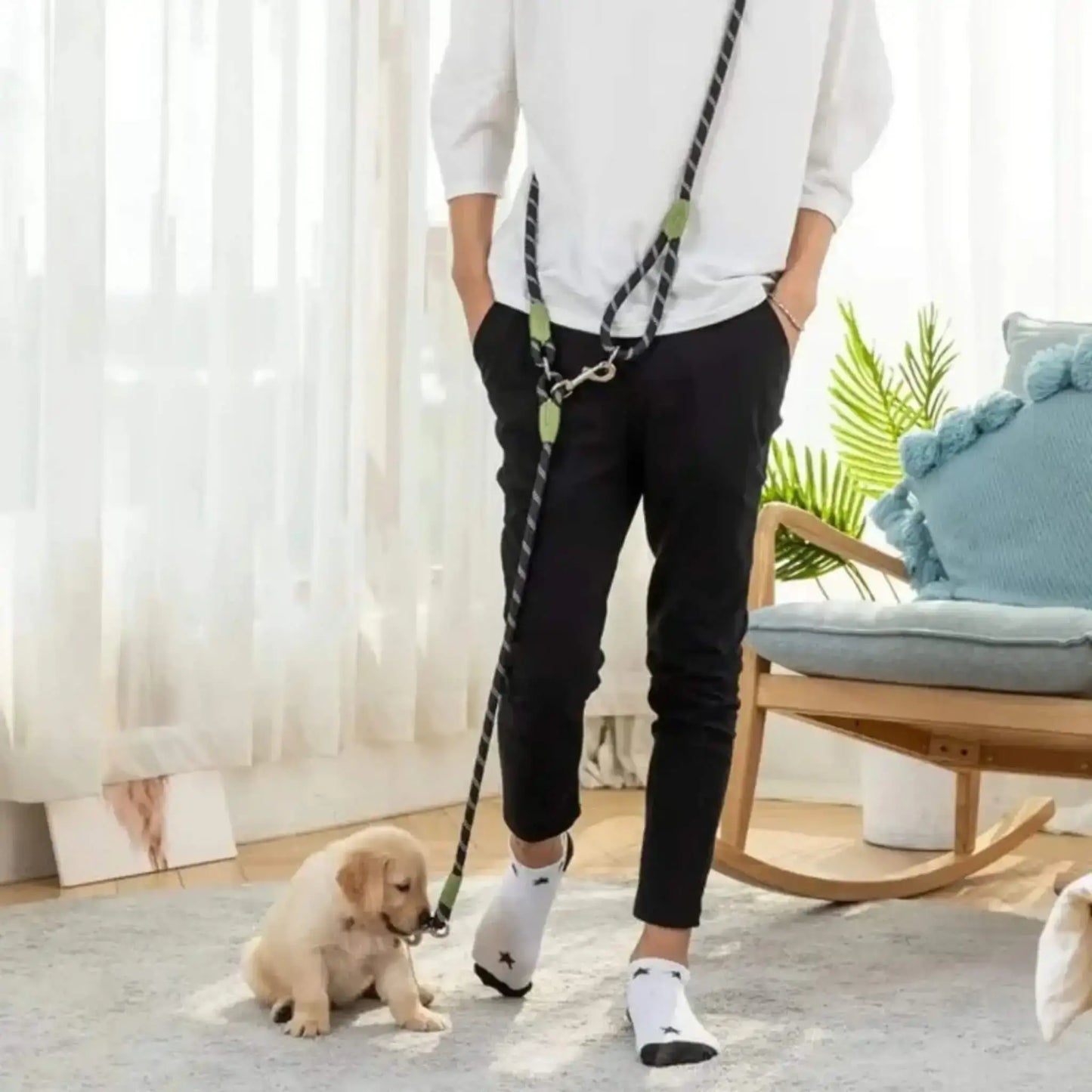Un homme debout dans un salon avec son chiot et la laisse mains libres pour chien noire.