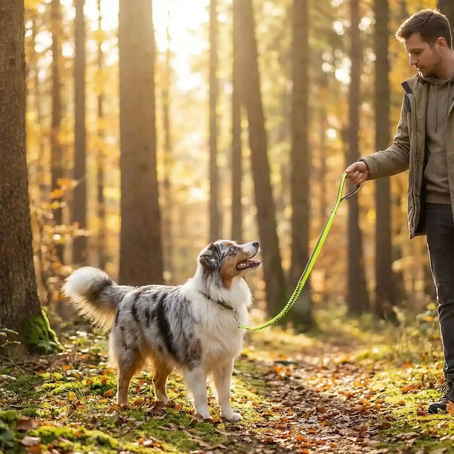 Un homme dans la forêt avec son berger australien et sa laisse mains libres pour chiens vert fluo.