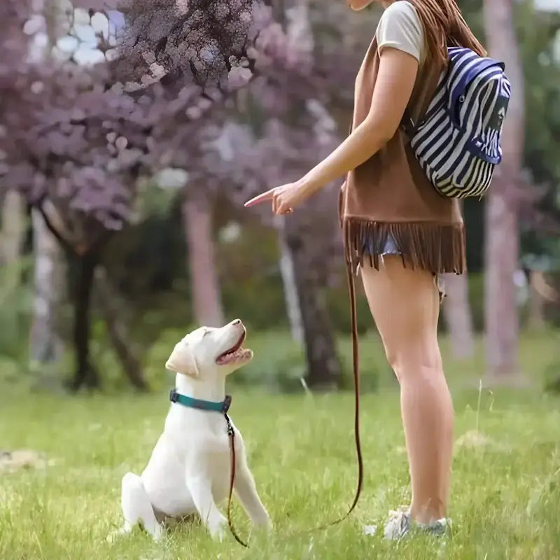 Une femme entraîne son chiot avec la laisse pour chien.