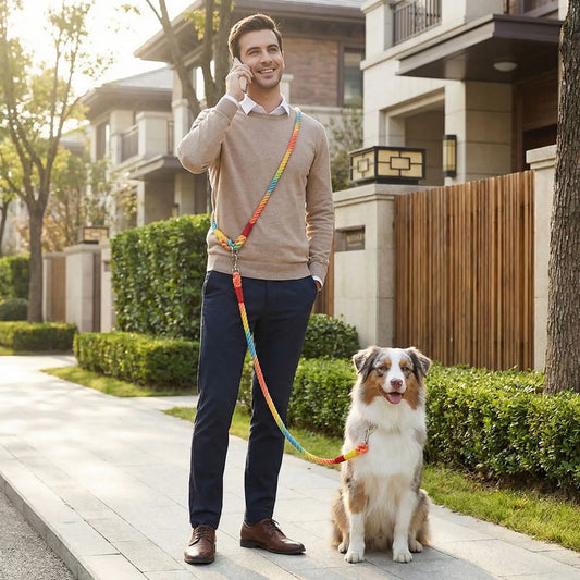 Un homme avec son berger australien au téléphone porte la laisse pour chien en bandoulière.