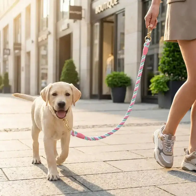Un chiot labrador marche sur le trottoir en ville avec sa laisse rose et verte.