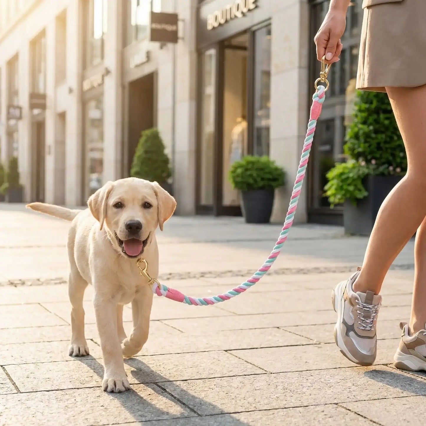 Un chiot labrador marche sur le trottoir en ville avec sa laisse rose et verte.