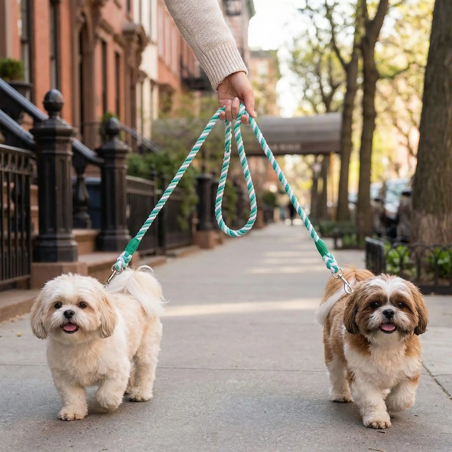 Deux shih tzu marchent sur le trottoir en ville avec la laisse pour chien verte.