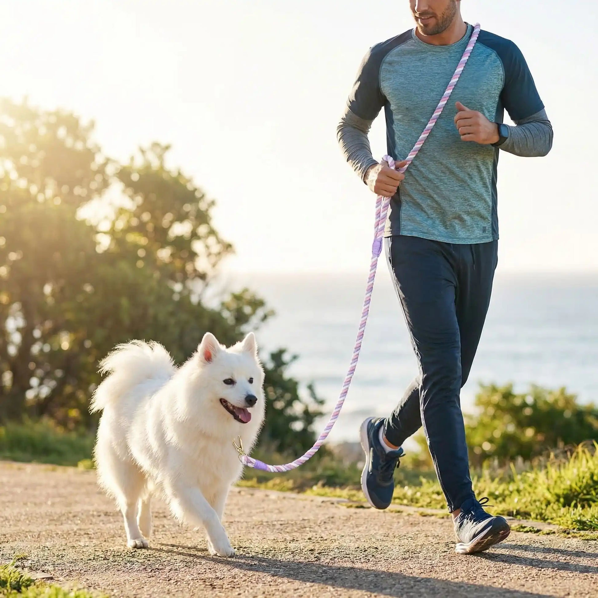 Un homme avec les mains libres fait du jogging avec son spitz japonais et sa laisse pour chien violette.