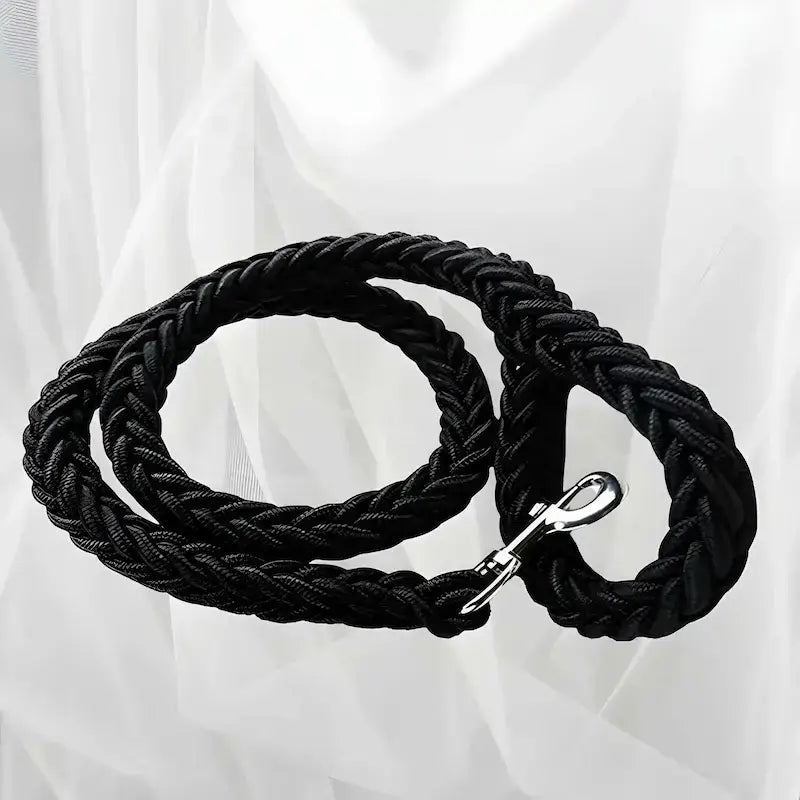 Une laisse pour chien tressée de couleur noire.