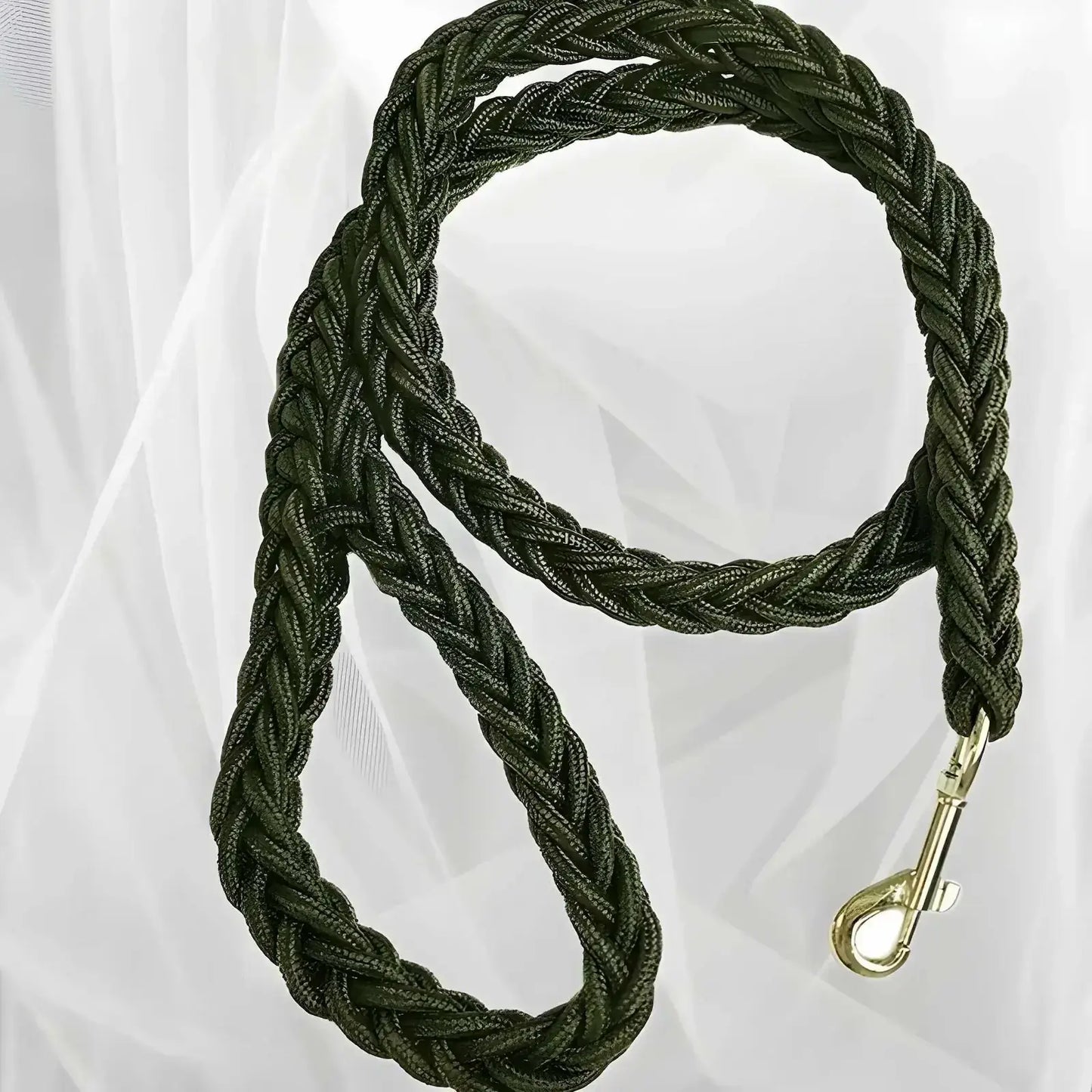 Une laisse pour chien tressée de couleur vert armé.
