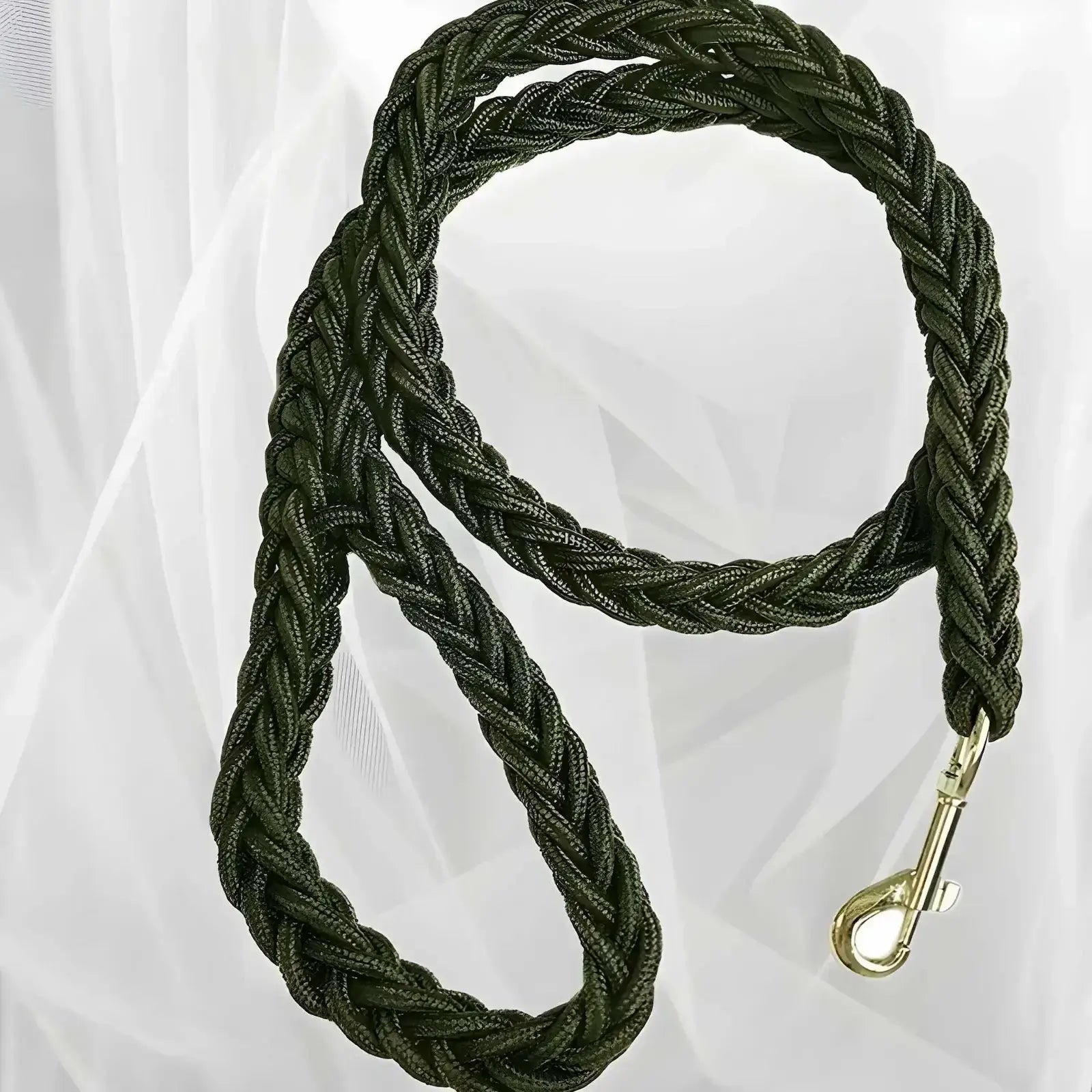 Une laisse pour chien tressée de couleur vert armé.