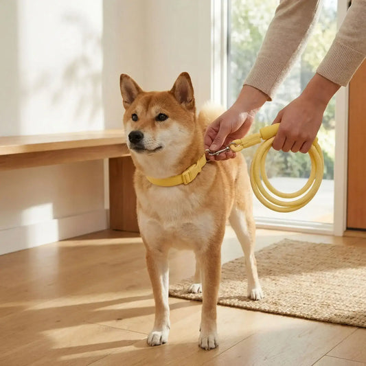 Un shiba inu prêt à partir avec sa laisse pour chien jaune.