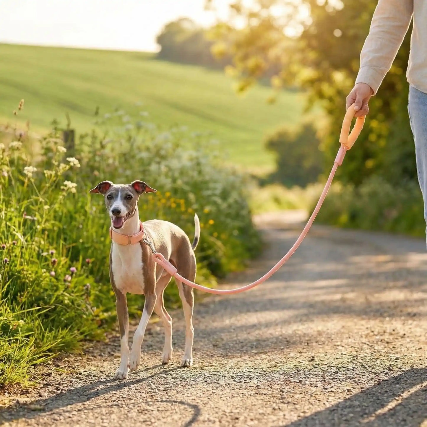 Un lévrier italien avec son maître marche sur une route de gravier avec sa laisse pour chien rose.