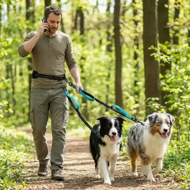 Un homme marche avec ses deux chiens en parlant au téléphone avec la laisse pour chien main libre turquoise.