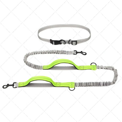 Une laisse pour chien mains libres double poignée de couleur verte fluo.