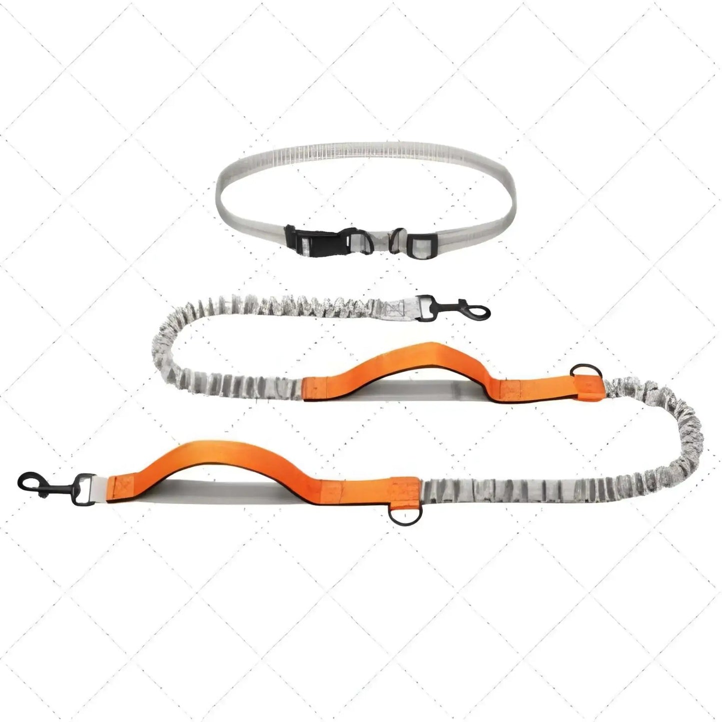 Une laisse pour chien mains libres double poignée de couleur orange.