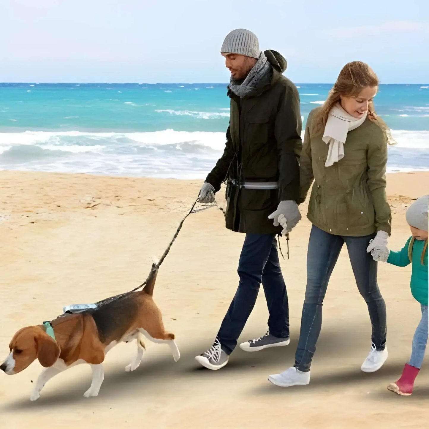 Une famille sur la plage marche avec son beagle avec la laisse pour chien mains libres.
