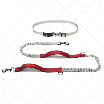 Une laisse pour chien mains libres double poignée de couleur rouge.