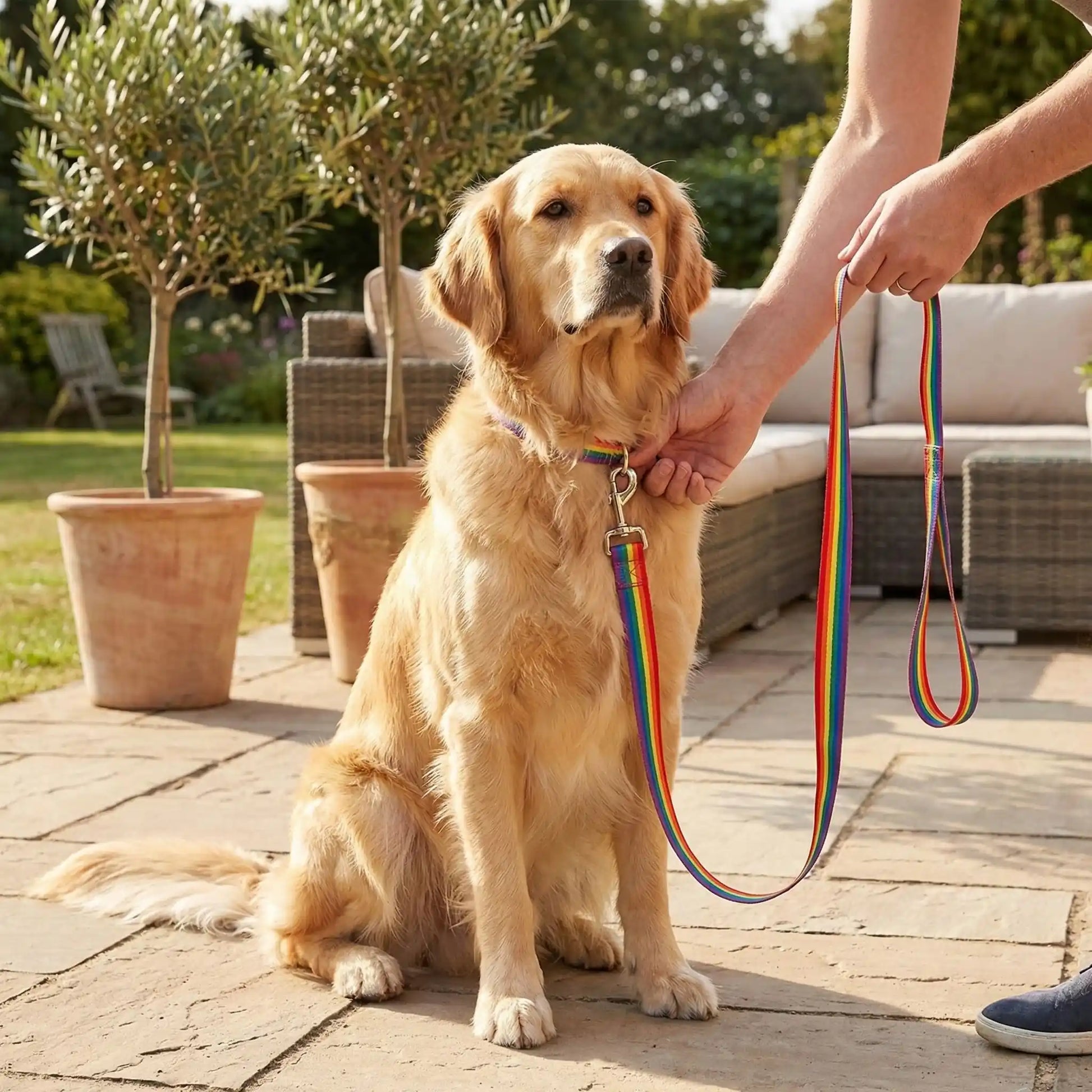 Un golden retriever assis sur une terrasse avec sa laisse pour chien de couleur arc en ciel.