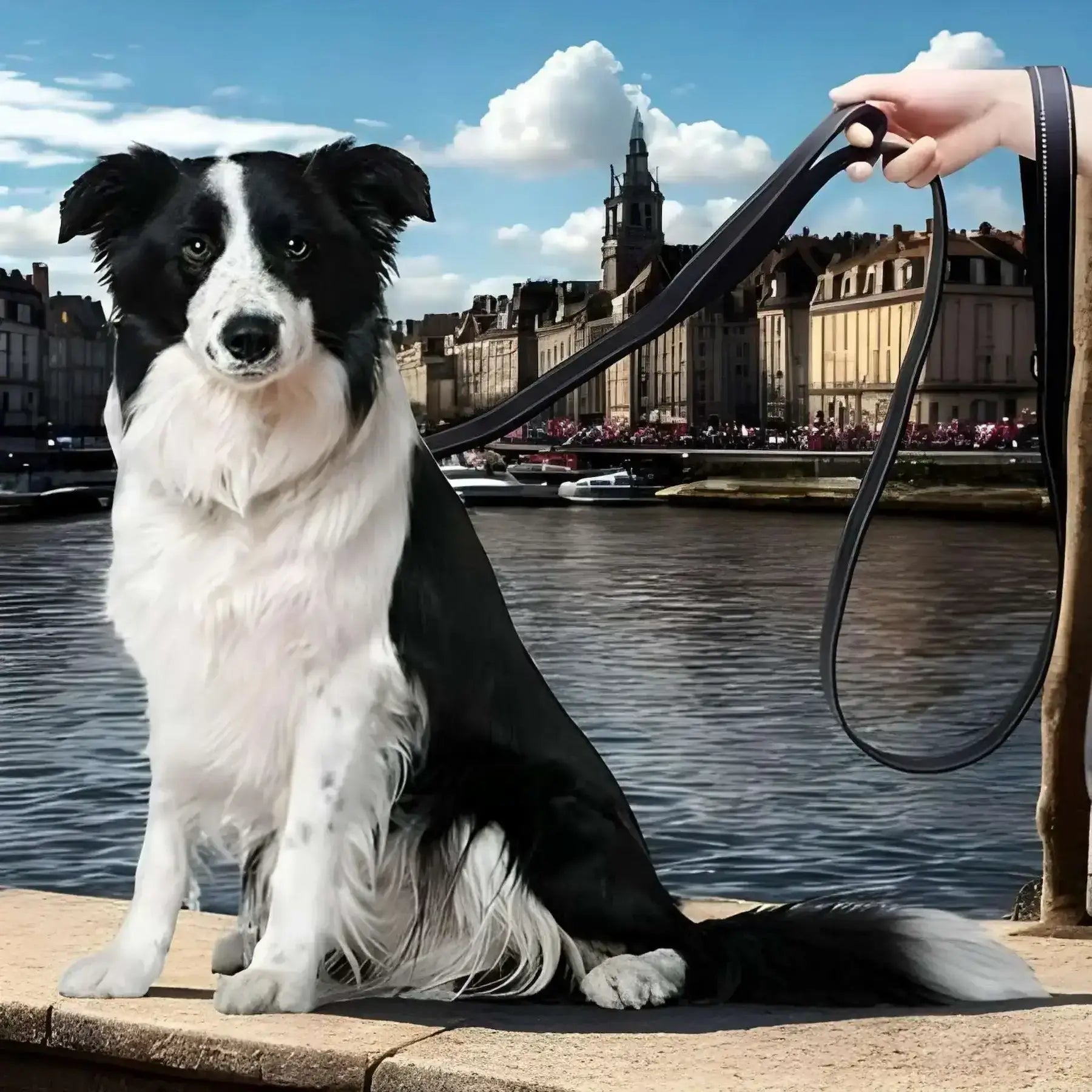 Un border collie près de l'eau avec sa laisse pour chien noir.