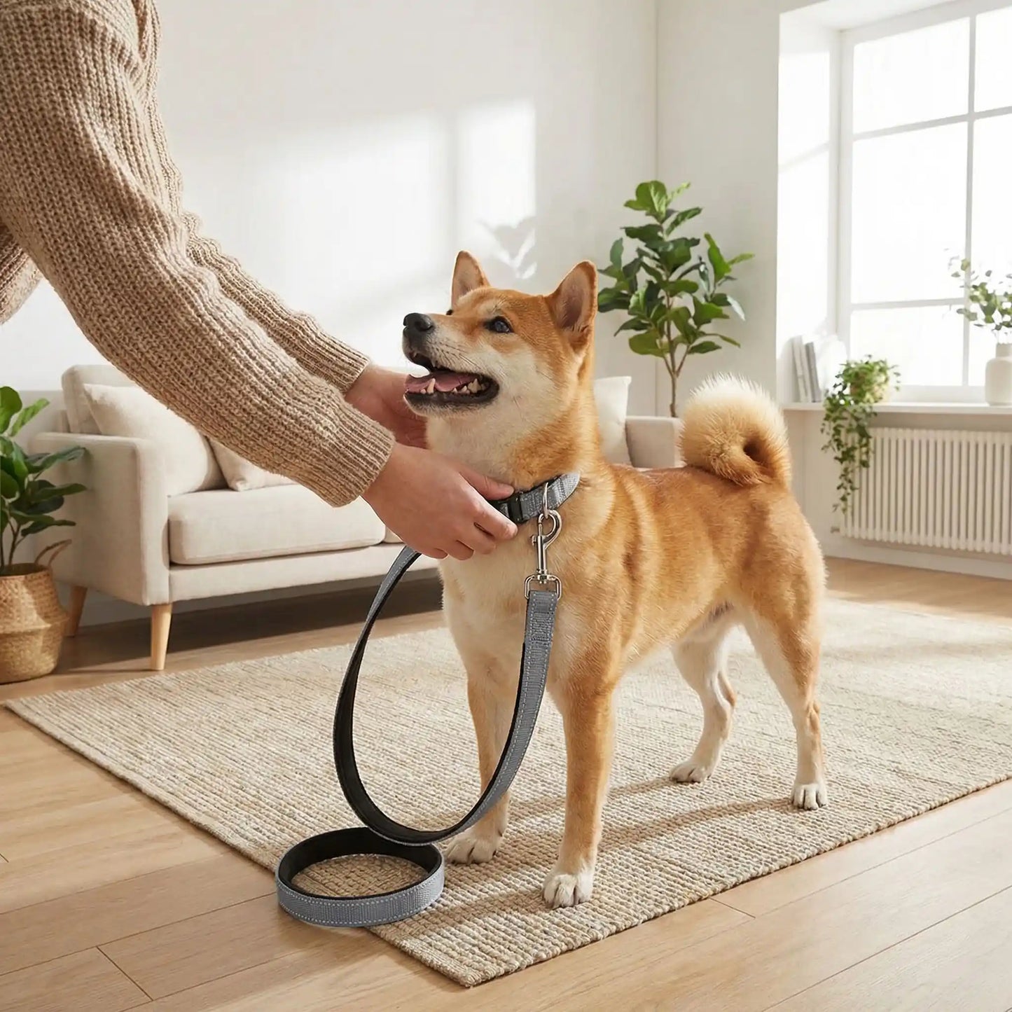 Un shiba Inu dans un salon avec une laisse pour chien grise.