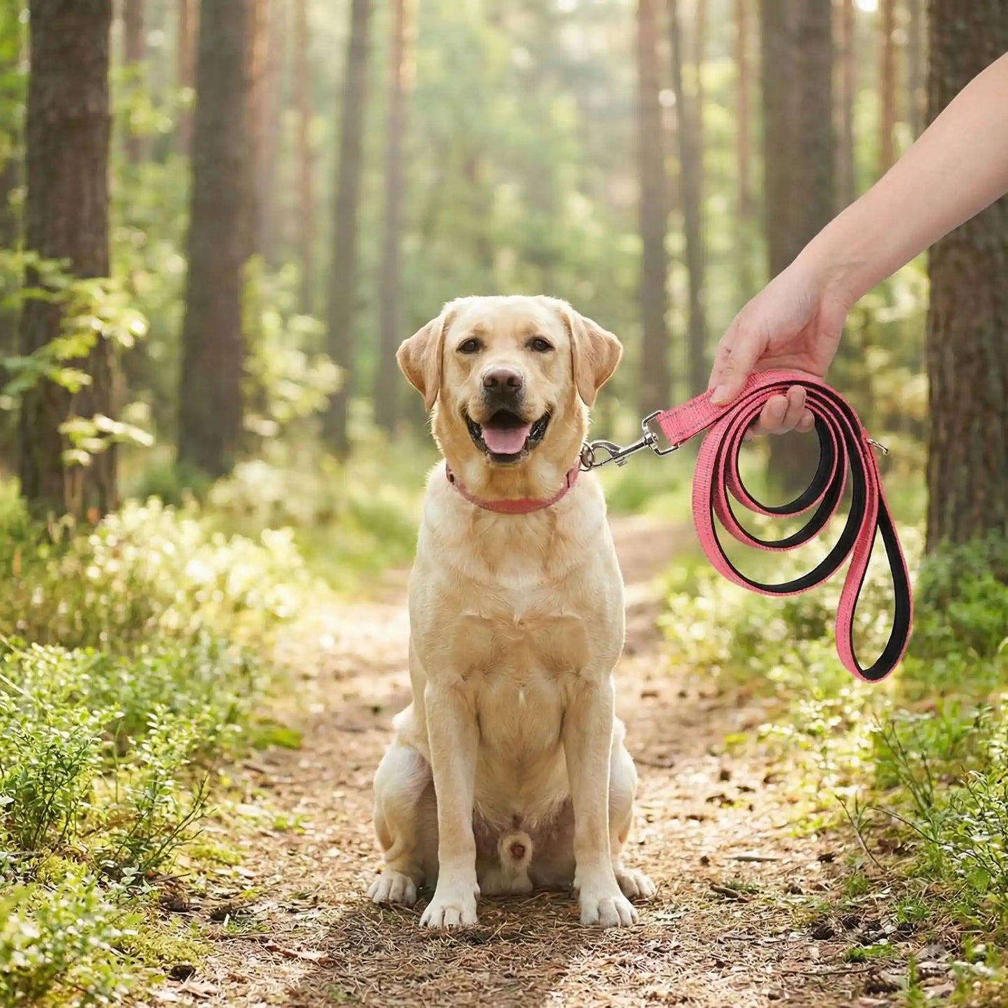 Un labrador assis dans un sentier avec sa laisse pour chien rose.