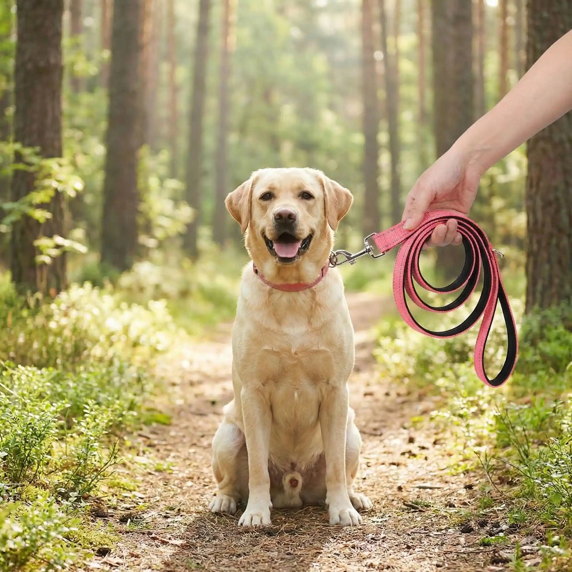 Un labrador assis dans un sentier avec sa laisse pour chien rose.