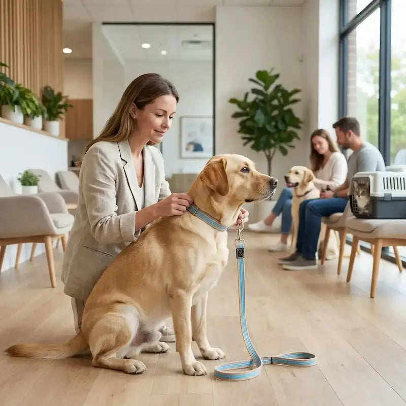 Une femme dans une clinique vétérinaire avec son labrador et une laisse pour chien bleue.