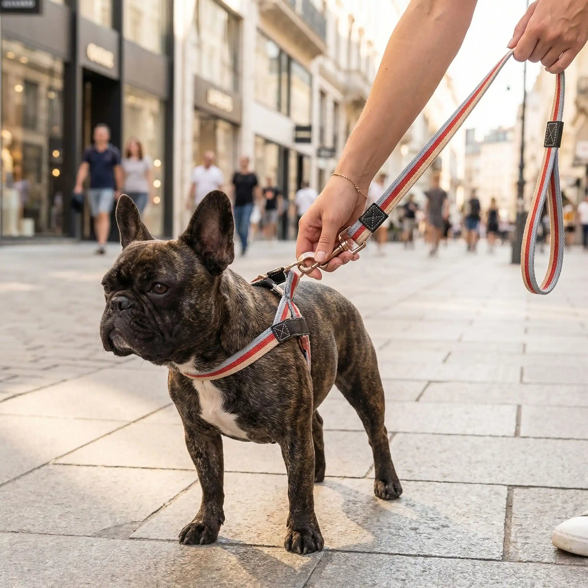 Une femme sur le trottoir en ville met en place la laisse pour chien rouge à son bouledogue français.