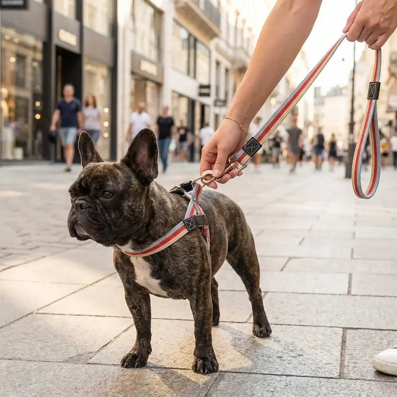 Une femme sur le trottoir en ville met en place la laisse pour chien rouge à son bouledogue français.