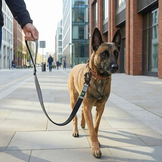 Une des laisses pour chiens grisse sur un malinois qui marche en ville.