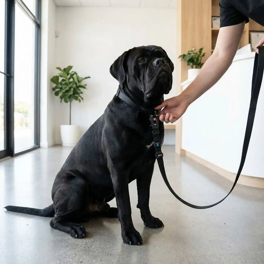Un dogue de Bordeaux noir à la clinique vétérinaire et les laisses pour chiens noires Baladesse.