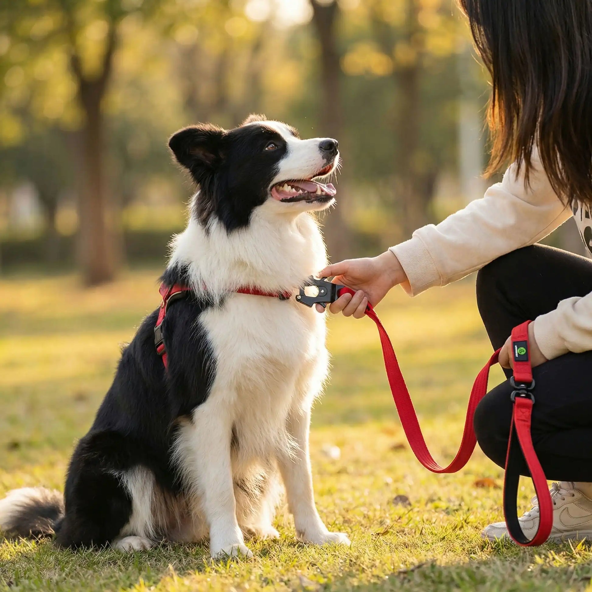 Une femme met en place les laisses pour chiens Baladesse de couleur rouge sur son border collie.