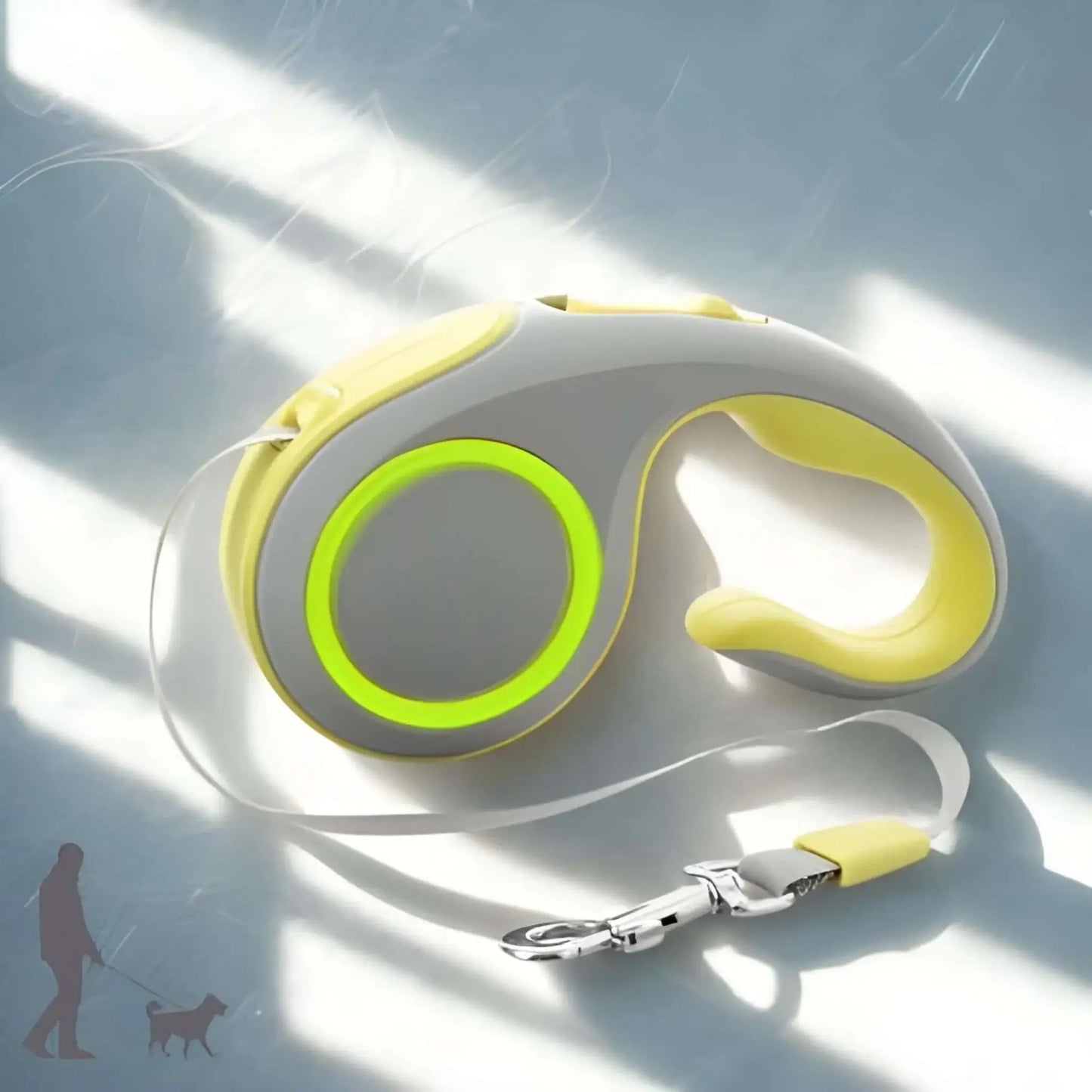 Une laisse enrouleur pour chien de couleur grise.