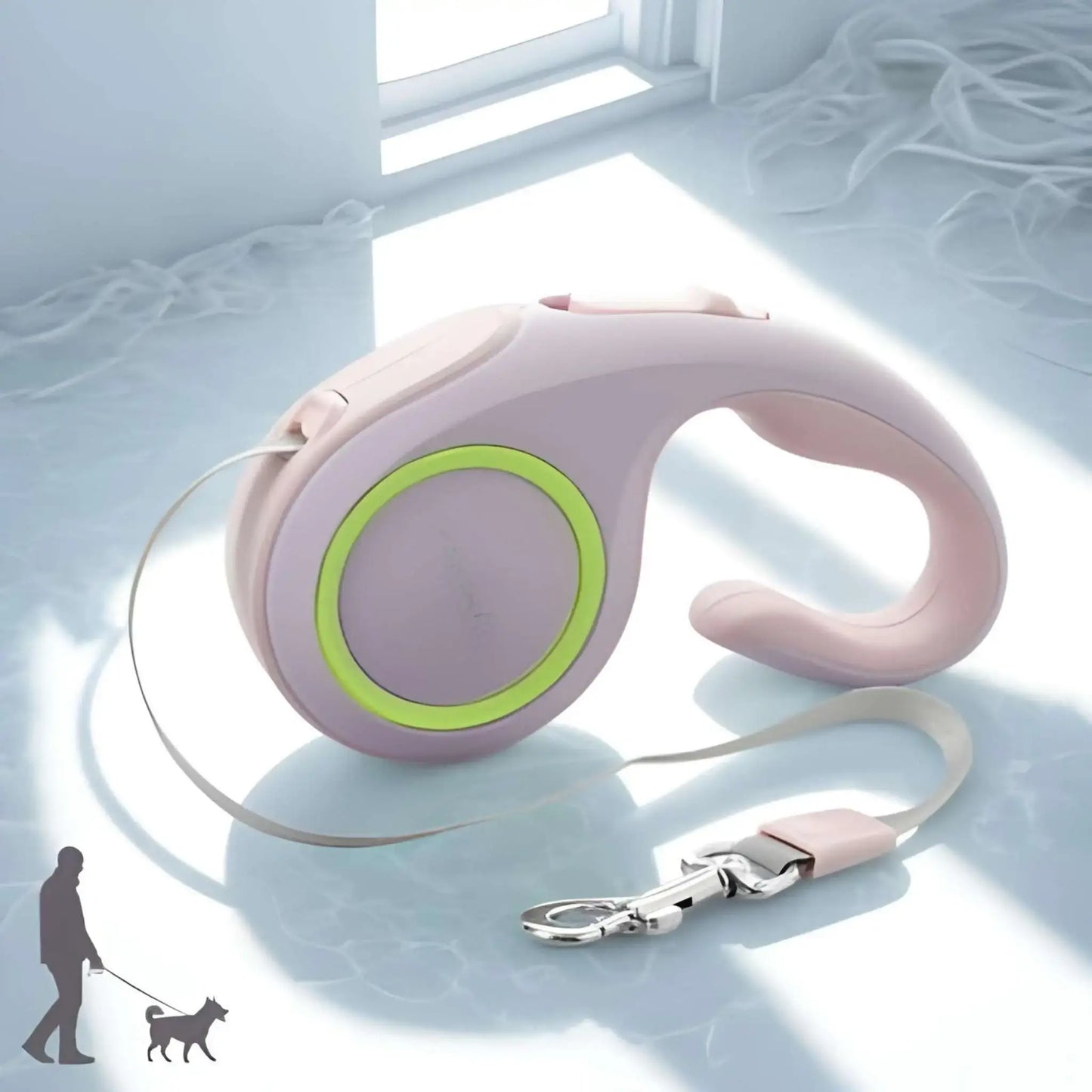 Une laisse enrouleur pour chien retractable de couleur rose.