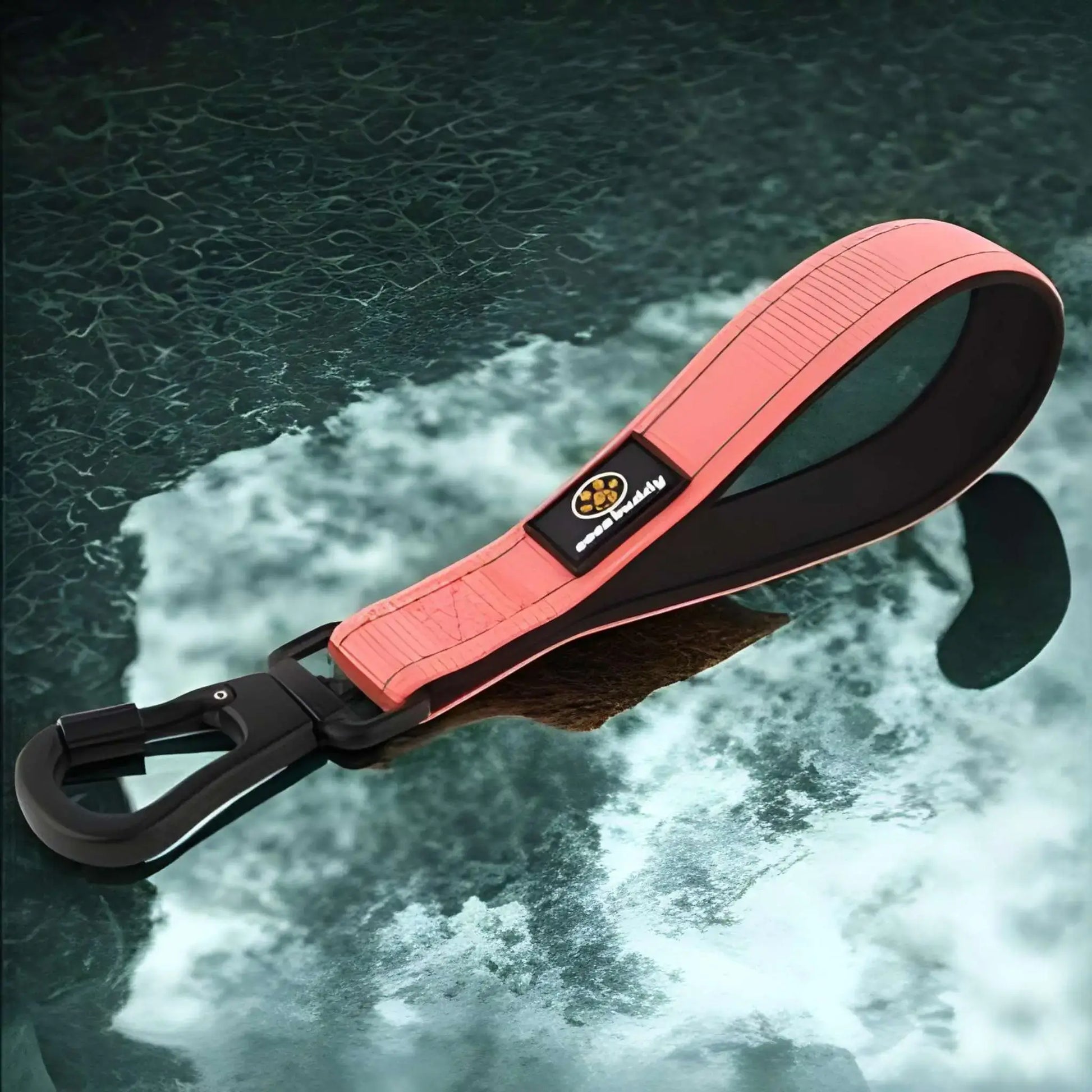 De petites laisses pour chien de couleur saumon sur une surface réfléchissante.