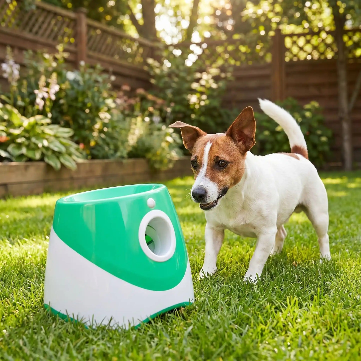 Un Jack Russell joue avec le lanceur de balle automatique pour chien turquoise sur la pelouse.