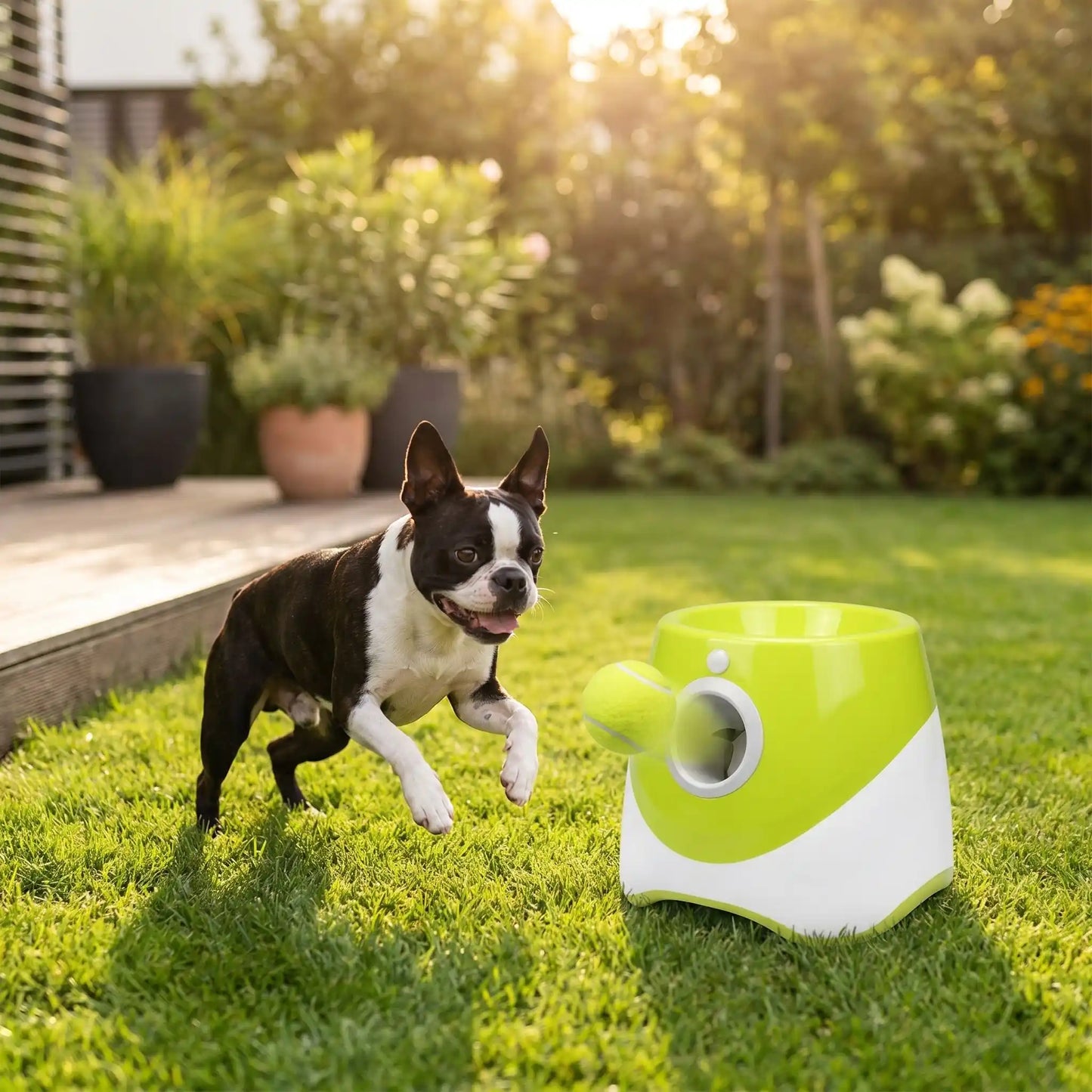 Un Boston terrier joue avec le lanceur de balle automatique pour chien dans l'arrière-cour.