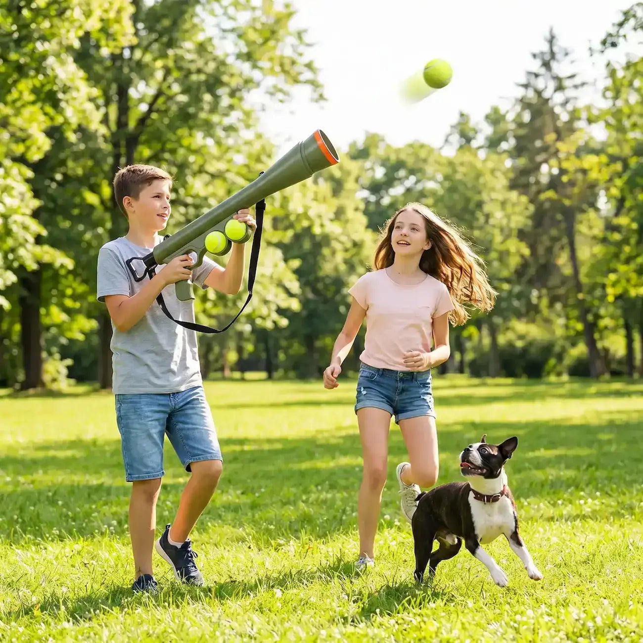 Deux enfants jouent avec leur Boston terrier dans un parc avec le lanceur de balle pour chien vert.