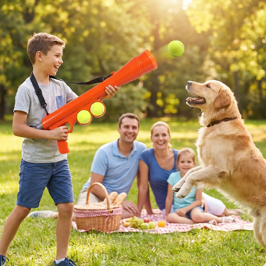 Une famille en pique-nique avec le garçon qui joue avec son golden retriever avec un lanceur de balle pour chien rouge.