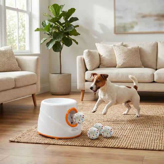 Un Jack Russell joue dans un salon avec son lanceur de balle pour chien.